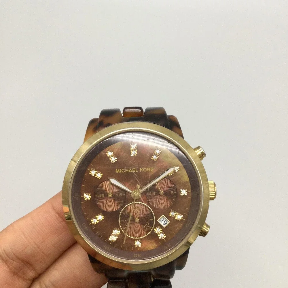 Michael Kors Womens Watch 43mm MOP FAUX Tortoise Chrono New Battery 7.25